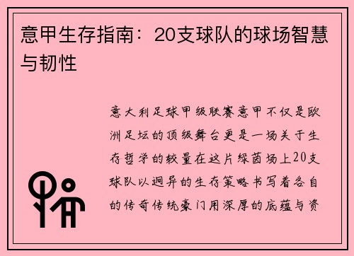 意甲生存指南：20支球队的球场智慧与韧性