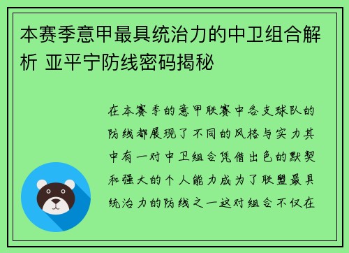 本赛季意甲最具统治力的中卫组合解析 亚平宁防线密码揭秘
