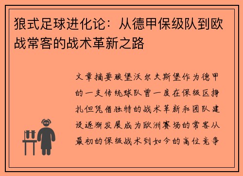 狼式足球进化论：从德甲保级队到欧战常客的战术革新之路